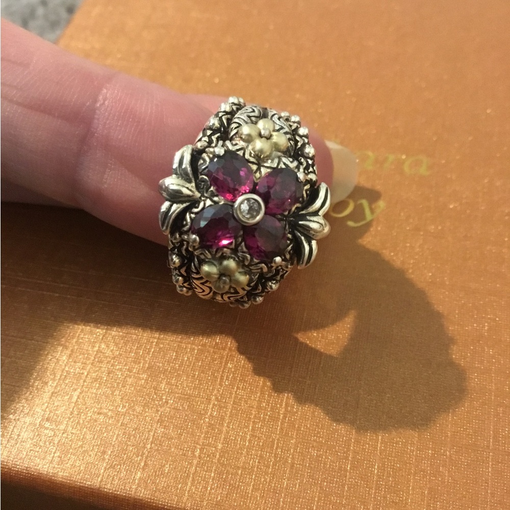 Barbra Bixby 925 & 18k Gold Elegant Natural Rhodolite Garnet Floral Ring